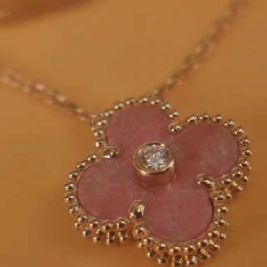 replica van cleef Vintage Alhambra pendant, Rose gold, Diamond, Rhodonite